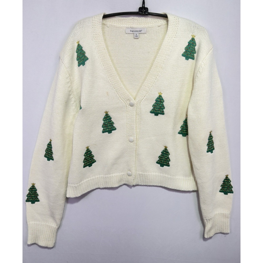 Francesca's Christmas Tree Cardigan Sweater Women's S Cream Embroidered Holiday